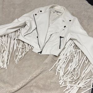 Faux Leather Fringe White Moto Jacket - M
